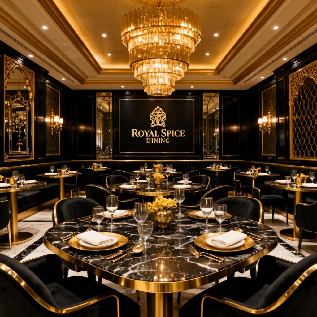 Royal Spice Dining premium interior with chandelier and black gold decor