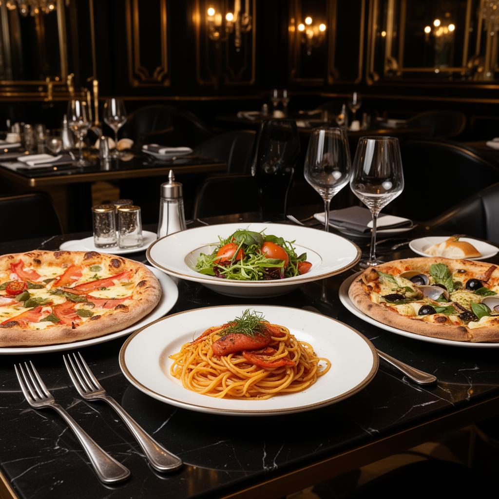 Pizza and pasta served on a premium table setting at Royal Spice Dining